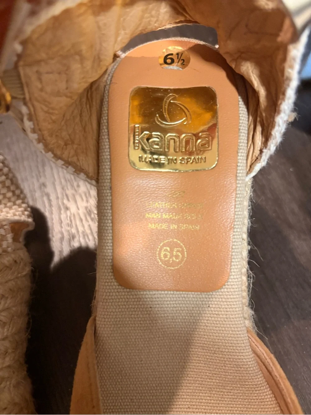 kanna Tan Espadrille Wedge Sandals with Gold Ankle Strap